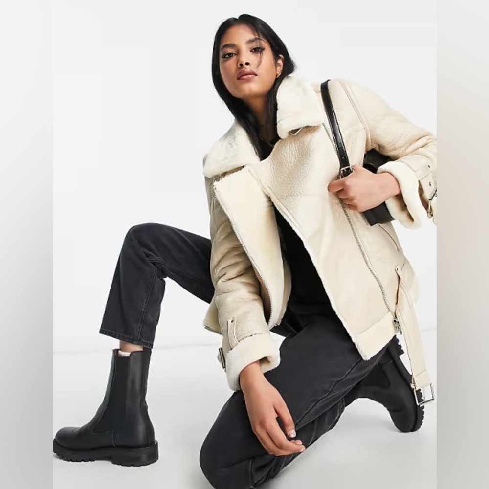 Topshop Faux Leather Shearling Aviator Biker Jacket - Picture 2 of 5